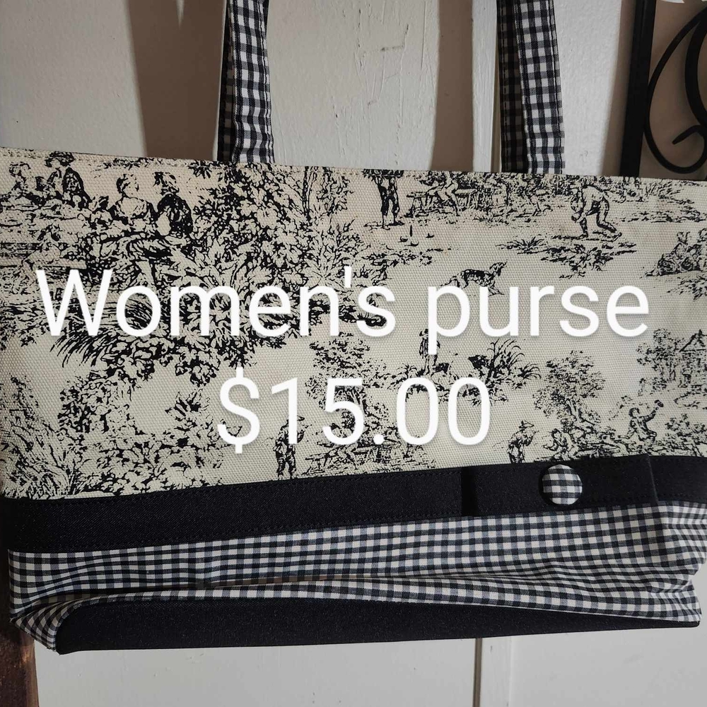 Black and White Floral Tote Bag with Gingham Clutch
